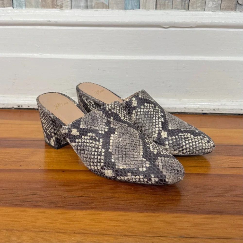 J Crew Sophie Mule Snakeskin Leather Block Heel Slip On Shoes Gray Pointed Toe 8